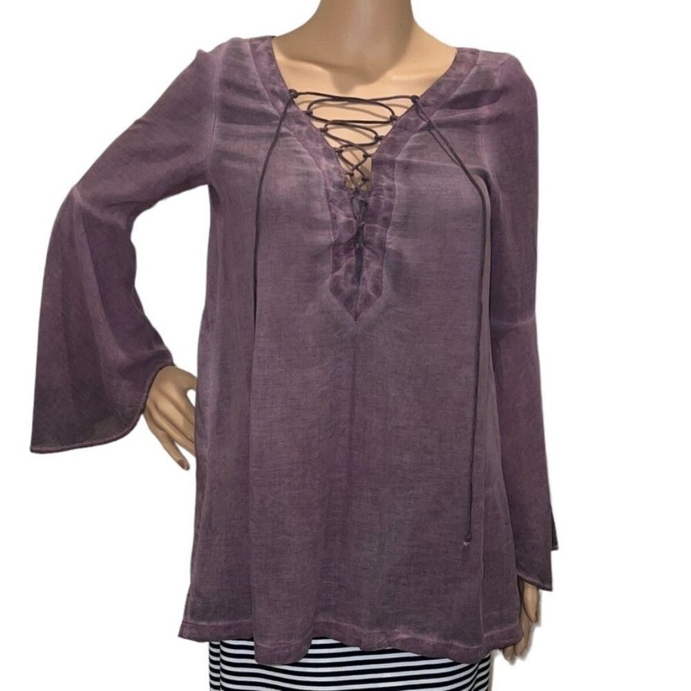 Rock And Republic Shirt Women's XS Purple Bell Sleeve Lace Up V Neck